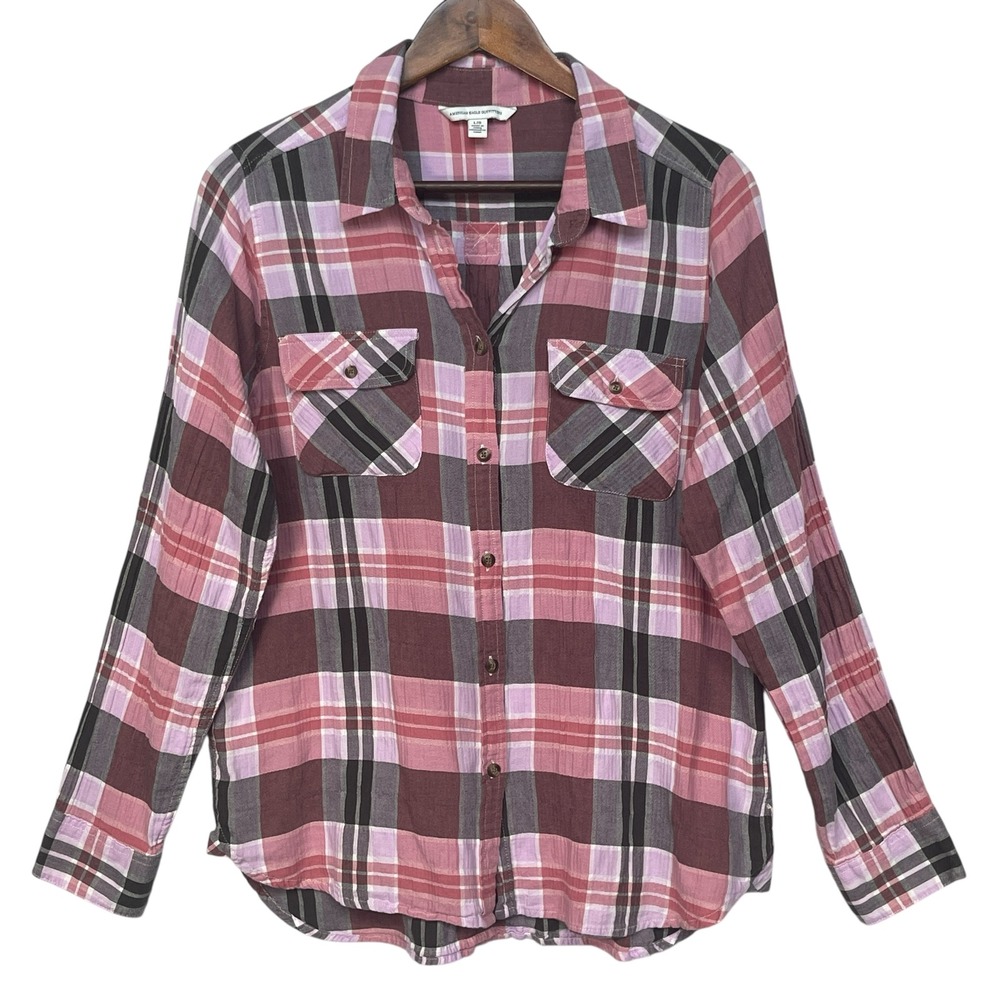 American Eagle Plaid Shirt Long Sleeve‎ Button Up Top Pink Black Cotton Size L
